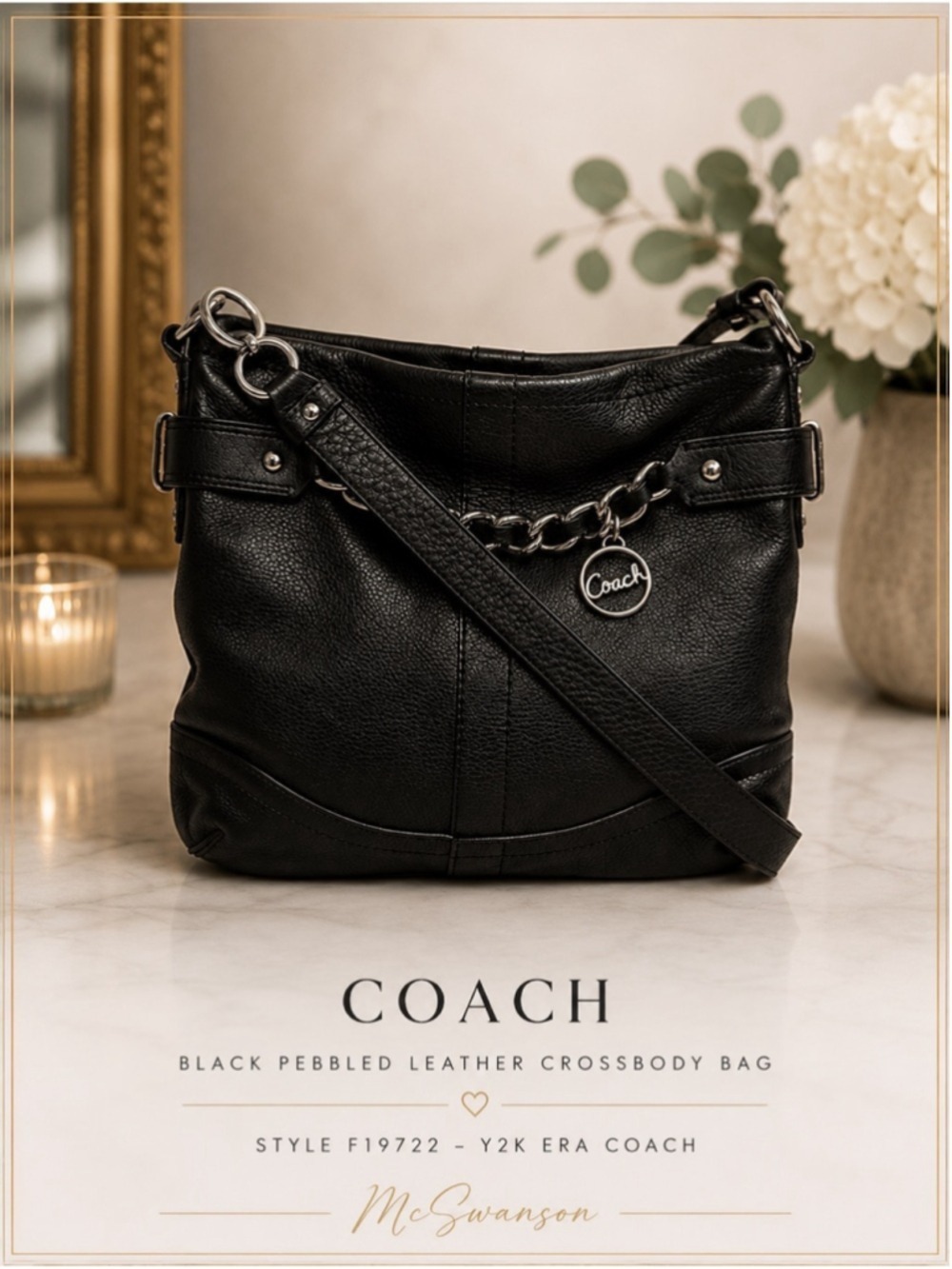Coach Black Pebbled Leather Crossbody Bag – Style F19722 – Y2K Era Coach